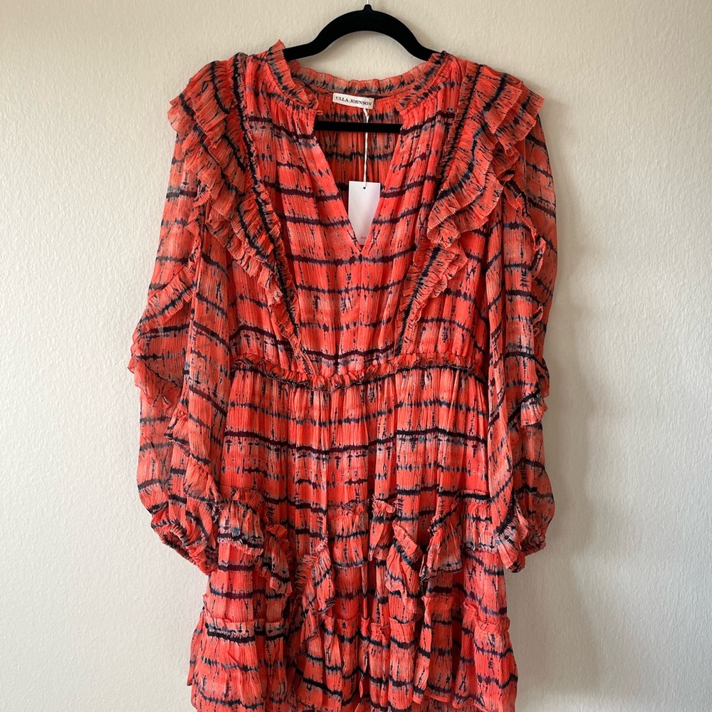 Ulla Johnson Vibrant Coral Long Sleeve Dress Silk New - Picture 9 of 9